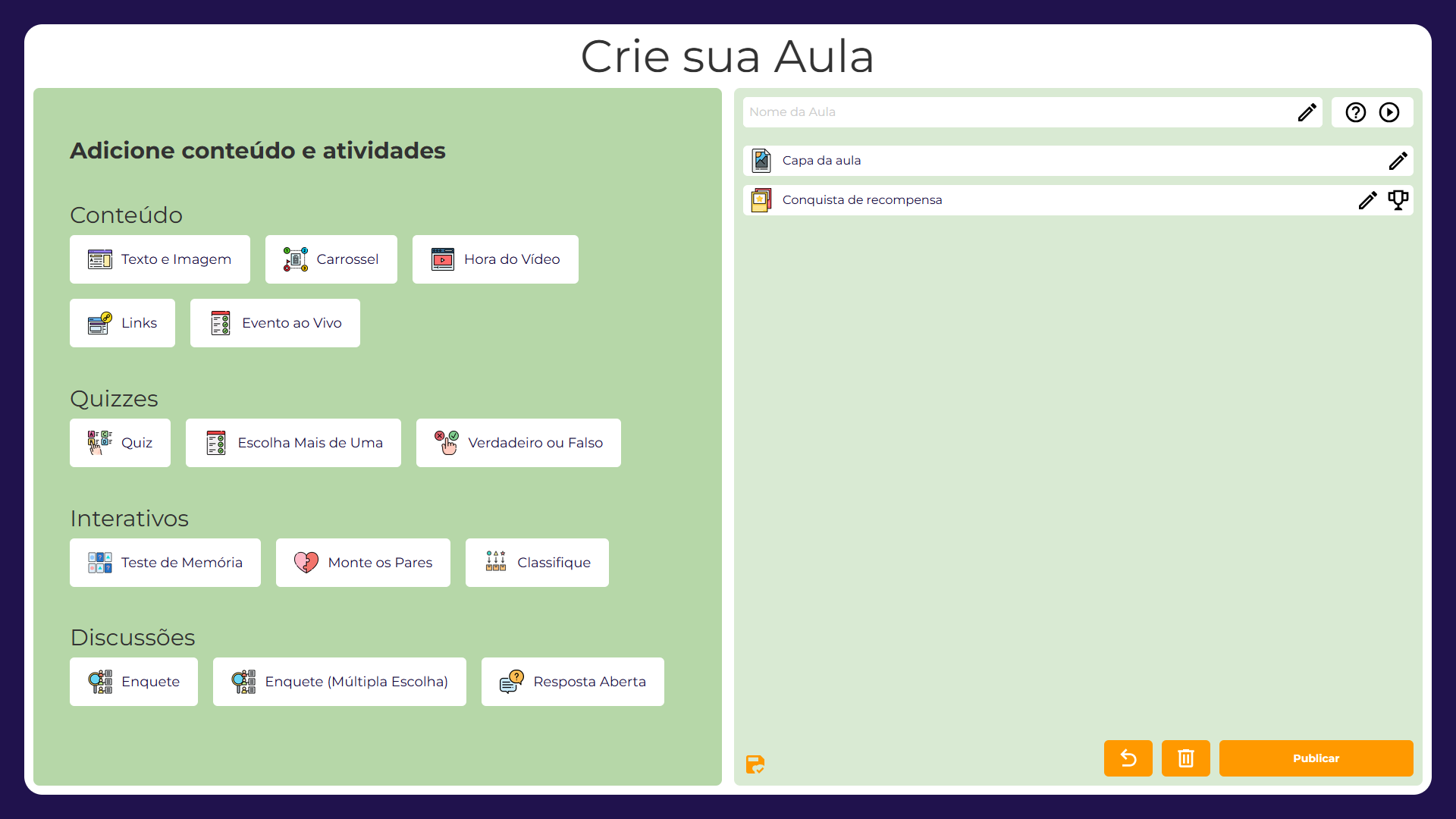 Tela de criação da aula